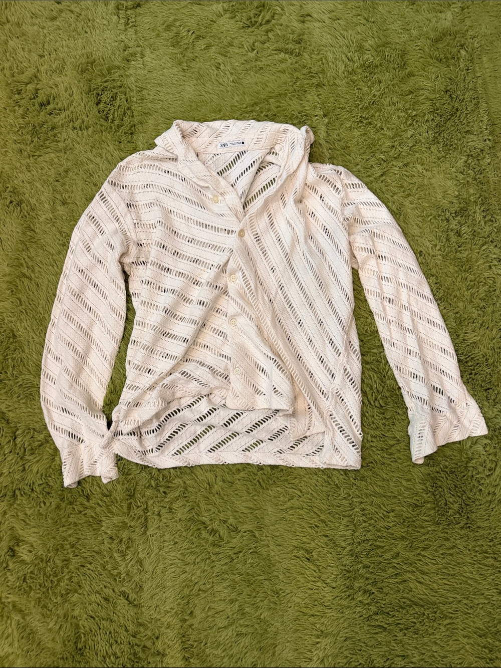 Zara Cream Open-Knit Button-Down Shirt